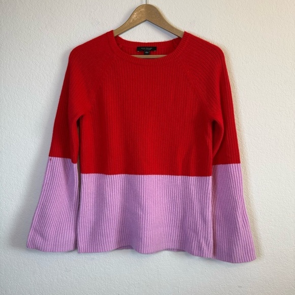 Ann Taylor Cashmere Red Pink Color Block Long Bell Sleeve Crewneck Sweater Top - Picture 1 of 8